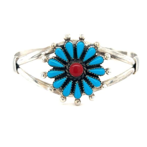 Gorgeous Sterling Silver 925 Turquoise & Coral Flower Cuff - Picture 1 of 7